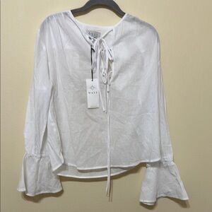 Wayf White Ruffled Tie Front Blouse with‎ Bell Sleeves